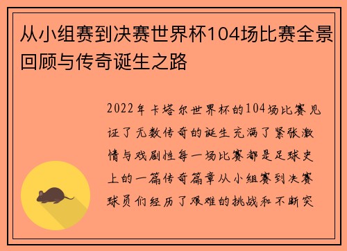 从小组赛到决赛世界杯104场比赛全景回顾与传奇诞生之路